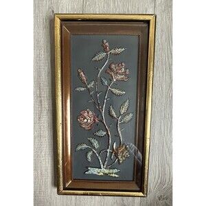 Vintage MCM 3-dimensional Flower Rose Art Framed Multicolor 15”x8” Made In USA